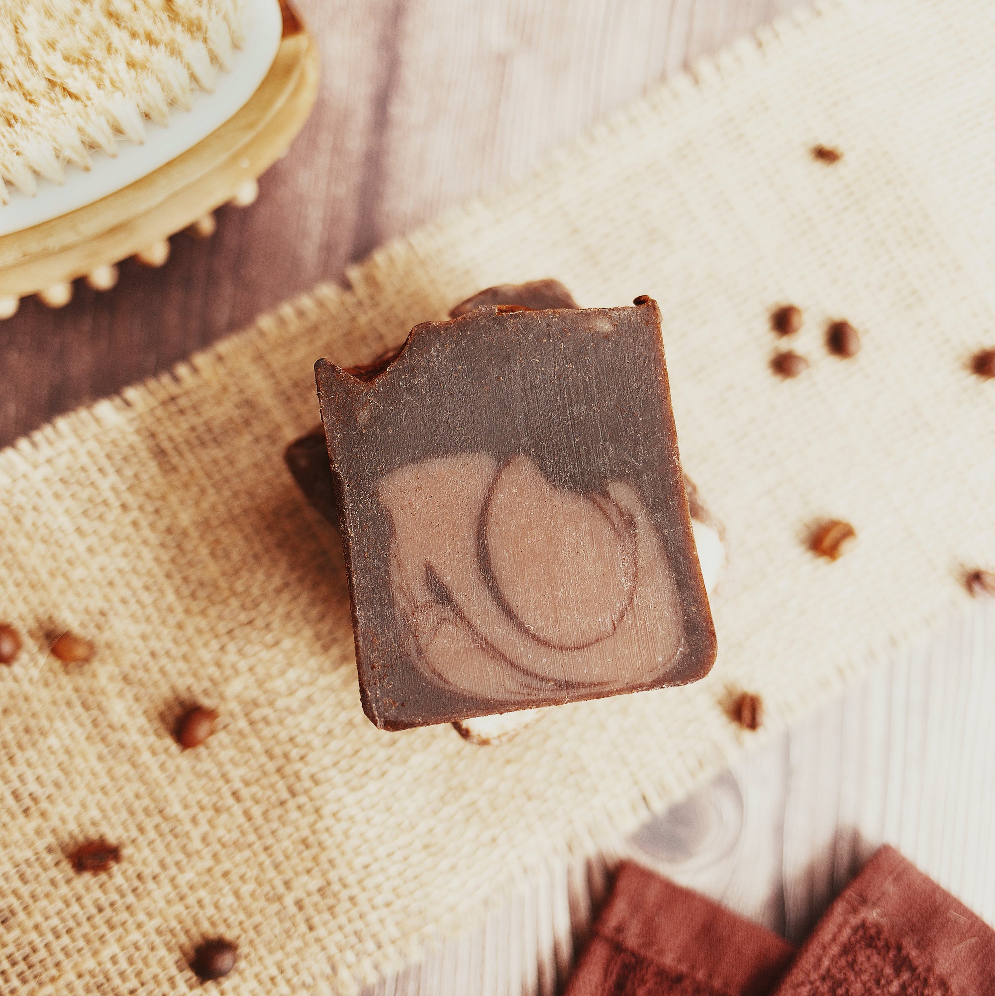 Arabica Coffee Soap - Lifestyle with coffee beans on mesh cover - PFAS Free Soaps