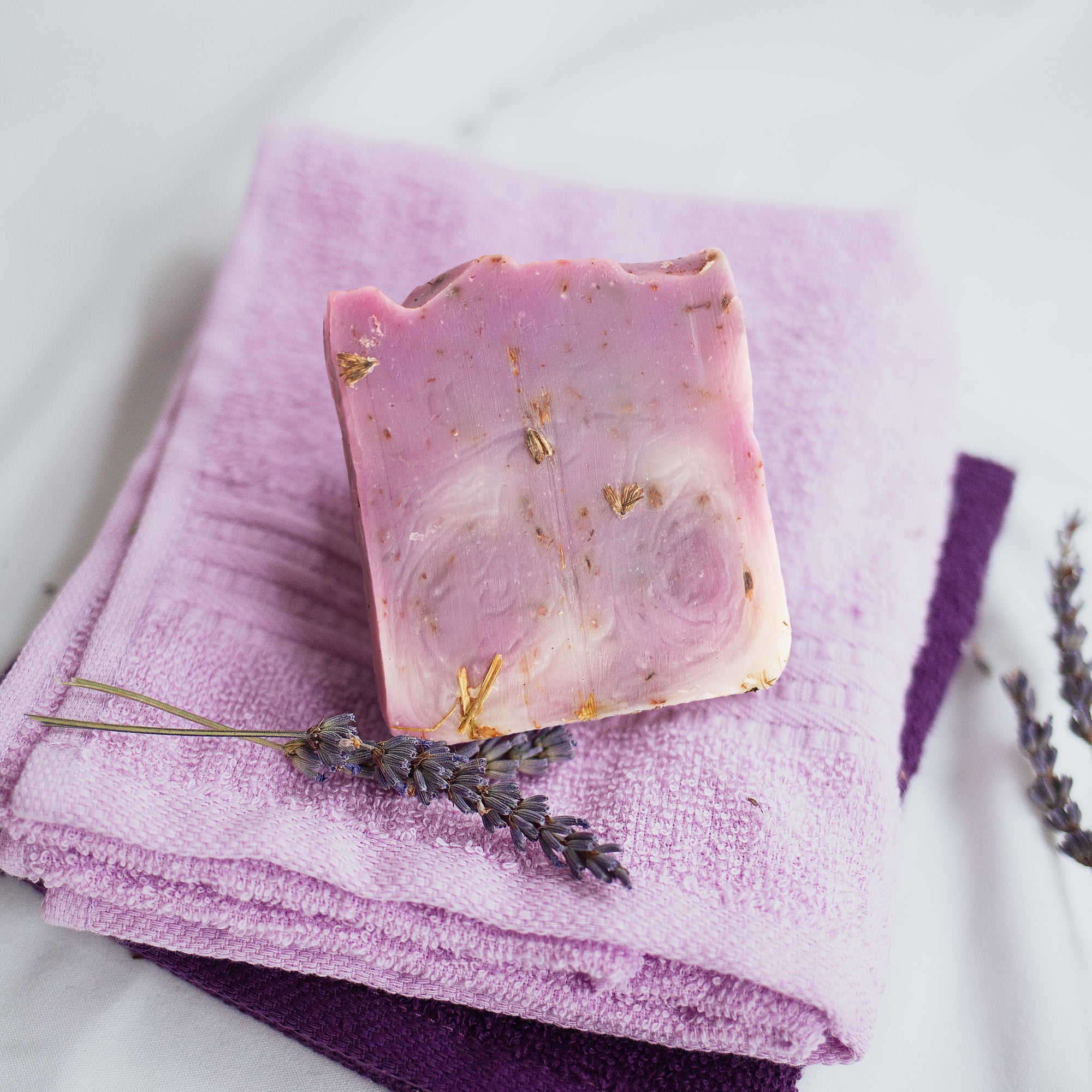 Lavender Soap - Lifestyle on top of purple towel - PFAS Free Soaps