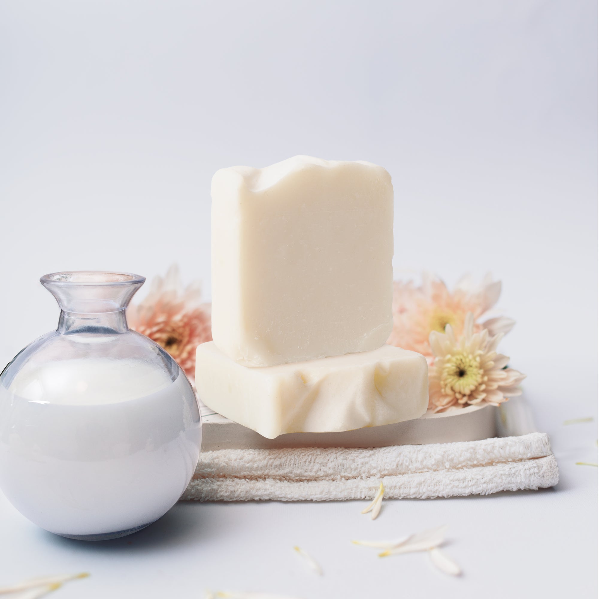 Goat Milk Soap - Lifestyle next to jar of milk - PFAS Free Soaps